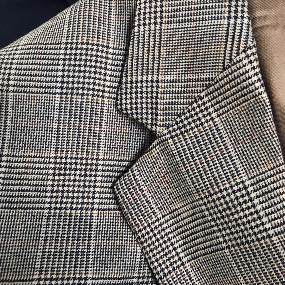 Mens LANDS END 48R Glen Plaid Sport Coat Jacket Black/Brown/Tan 100% Wool Blazer